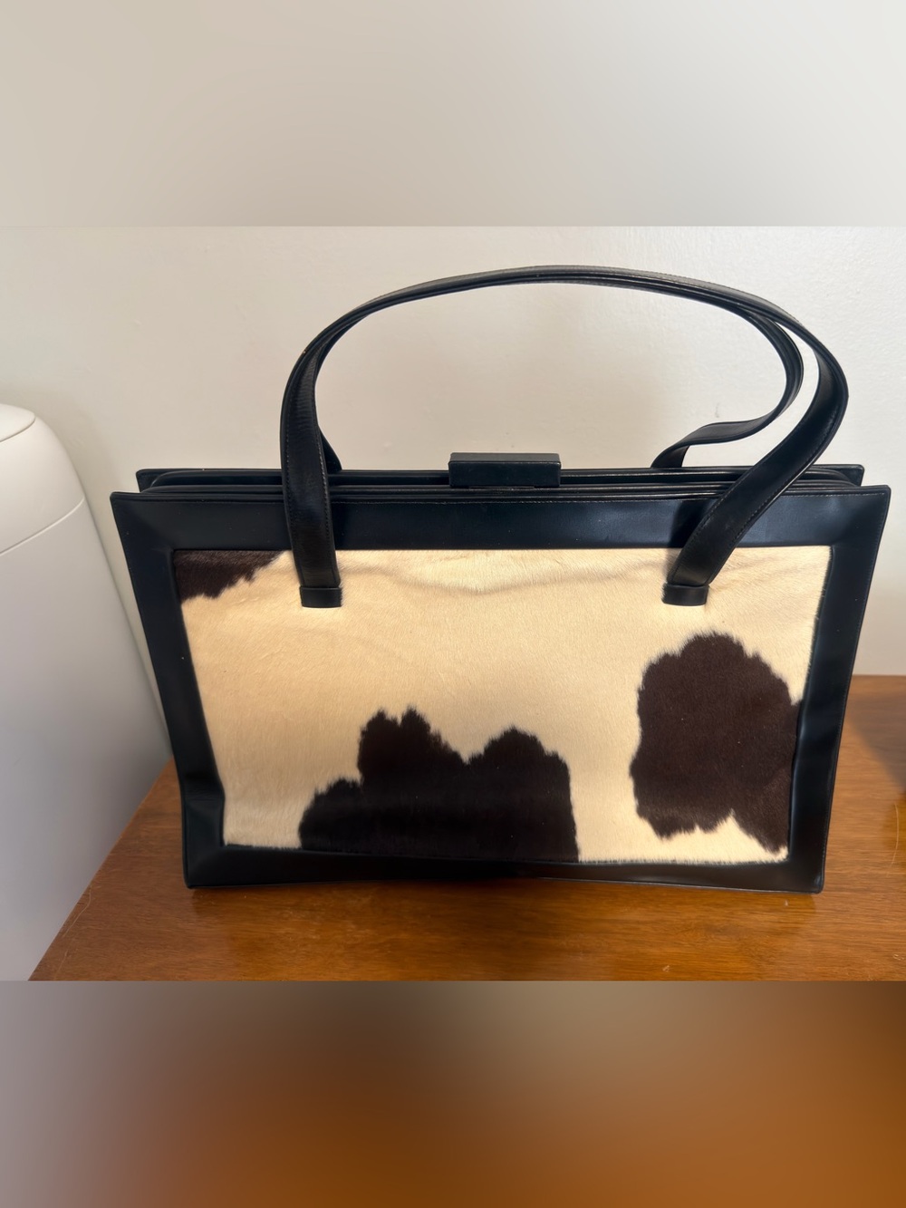 Black Leather Tote with Cowhide Panel